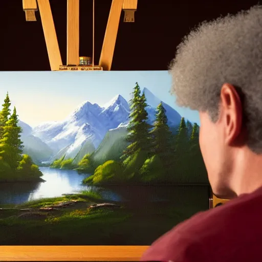 Image similar to a closeup photorealistic photograph of bob ross working on a canvas painting of the flash. film still. brightly lit scene. mountains and trees. this 4 k hd image is trending on artstation, featured on behance, well - rendered, extra crisp, features intricate detail, epic composition and the style of unreal engine.