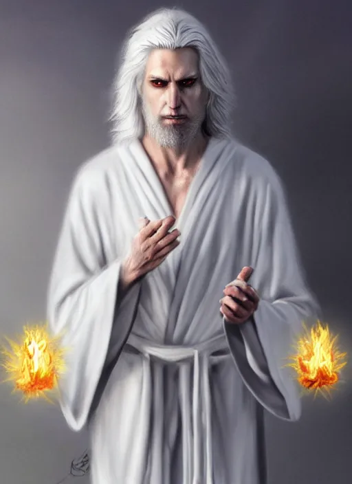 Image similar to « portrait of the white - haired jesus in a white robe and flaming yellow eyes, holding seven stars in right hand, grim colors, very realistic, high - contrast, intricate, elegant, highly detailed, digital painting, artstation, concept art, smooth, sharp focus, illustration »