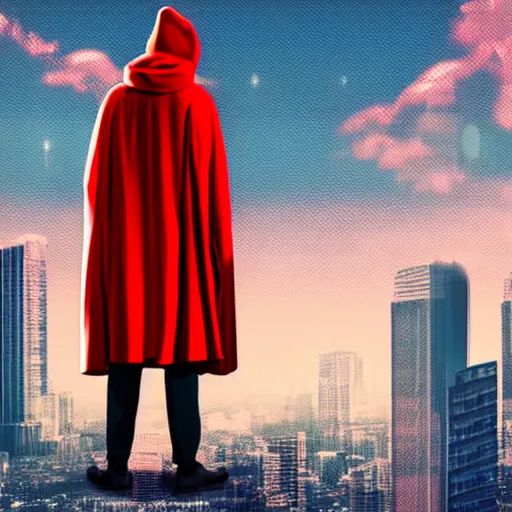 Prompt: a man in a long red cloak standing on the edge of the building looking at the city scape, synthwave digital art