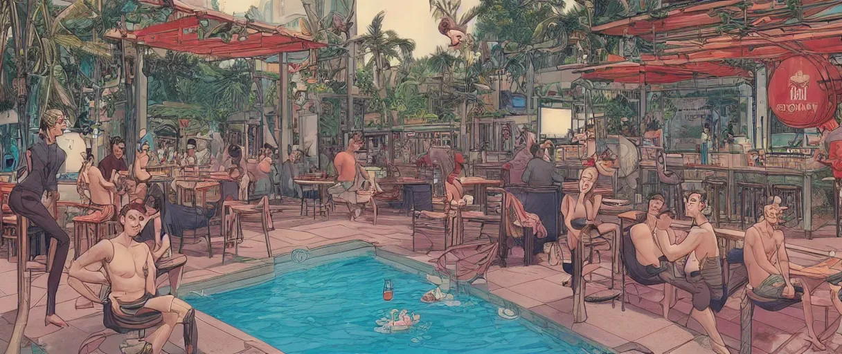 Prompt: a beautiful illustration of a monkeys having drinks at an outside pool bar by James Jean | comic book:.5 | unreal engine:.6