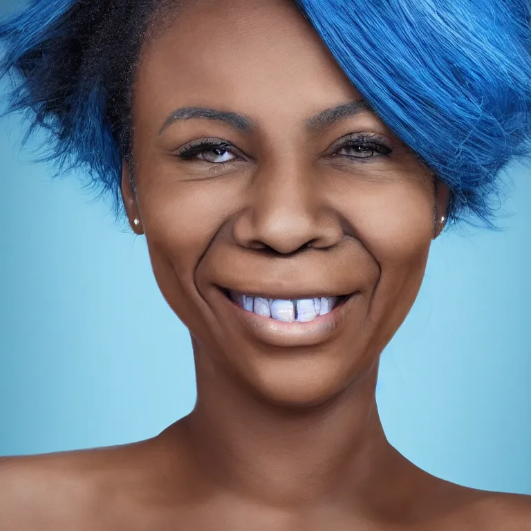 Image similar to A smiling black woman with blue hair and scar on the left cheek, portrait, very realistic, highly detailed