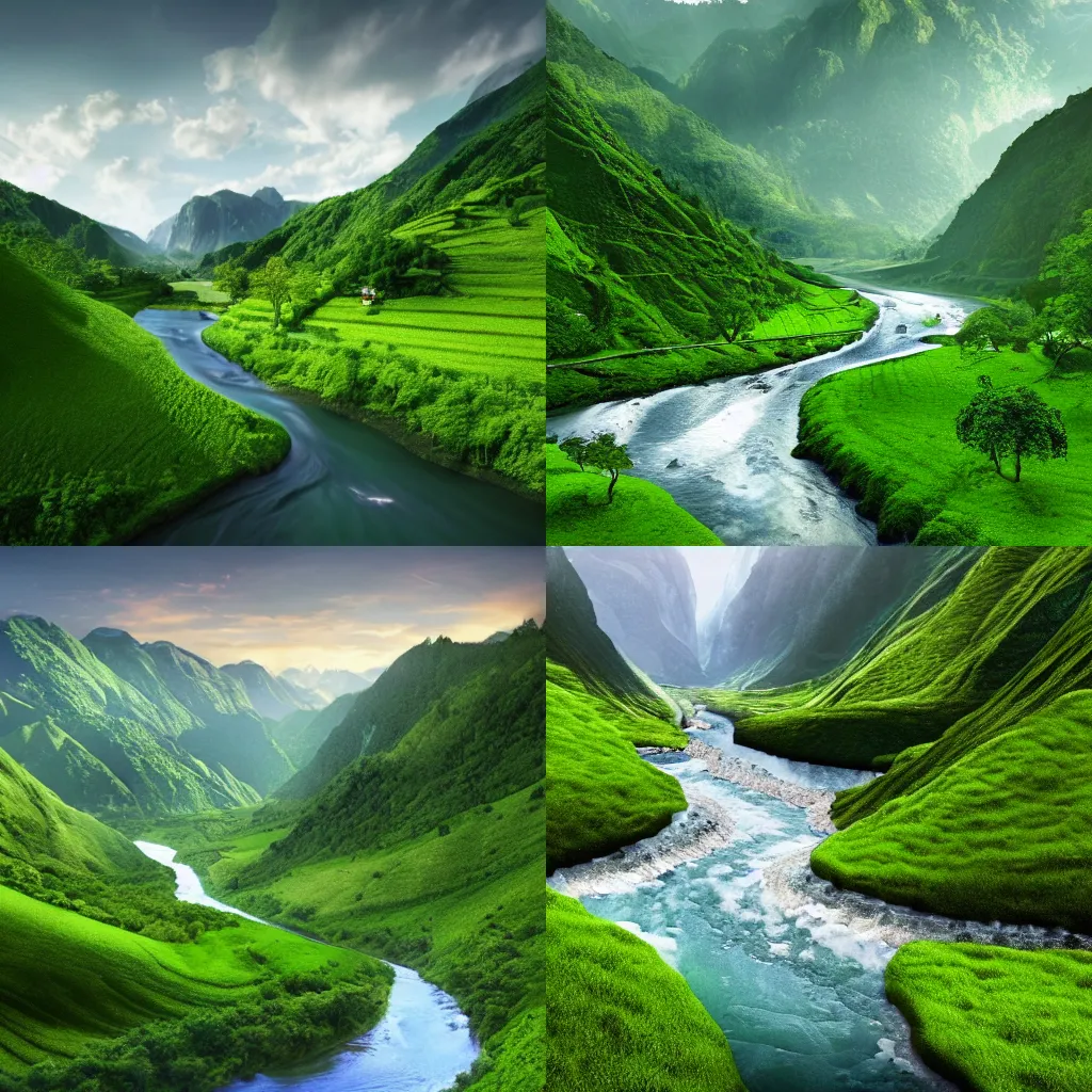 Prompt: a river running through a lush green valley, a matte painting by werner andermatt, shutterstock contest winner, naturalism, national geographic photo, terragen, sense of awe