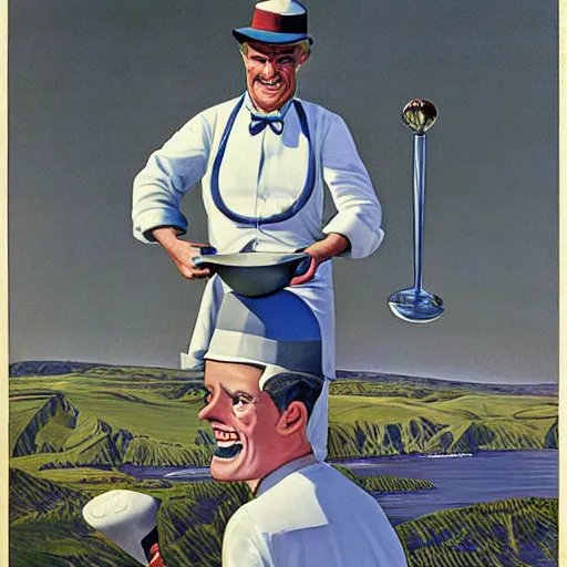 Prompt: ice cream man holding a silver scoop up near his face, wearing a white soda jerk hat, smiling cheerfully, chesley bonestell, vincent di fate