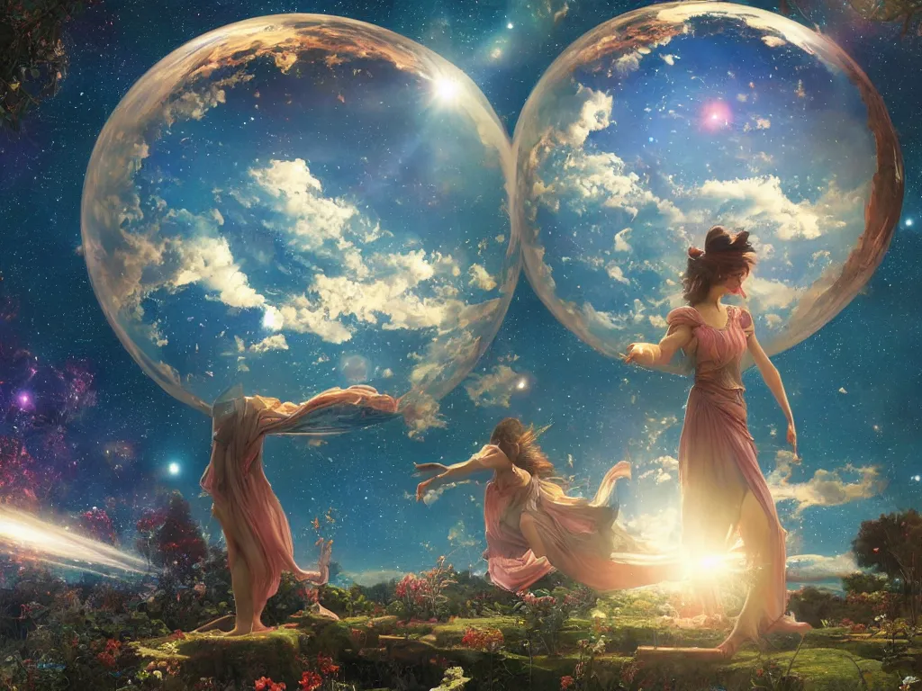 Image similar to The universe is a spheroid region 705 meters in diameter, 3d render, Sunlight Study, by John William Waterhouse and ((((Lisa Frank)))), Art Nouveau, 8k, extreme detail, sharp focus, octane render