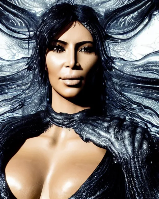 Image similar to epic full - ov - shot still of kim kardashian unconscious wearing a black lace dress in a transparent alien liquid, wet flowing hair, gooey skin, illustration, unreal engine 5, 8 k, made by h. r. giger.