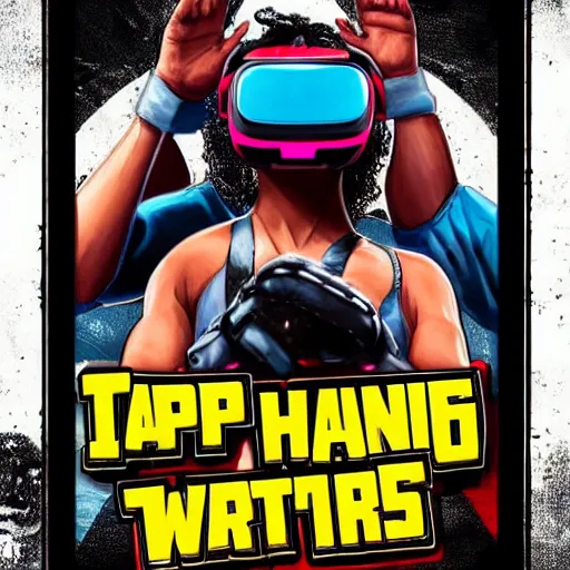 Image similar to cinematic poster art of wrestlers wearing vr headsets, gta cover, apex legends, tap out, halo, fortnite, ufc, digital illustration by basil gogos