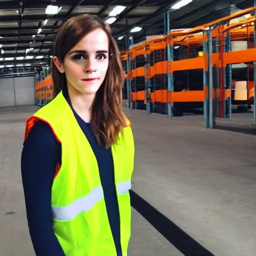 Prompt: photo, extreme far shot, emma watson in a hi vis vest, in warehouse, android cameraphone, 2 6 mm,