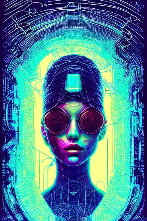 Image similar to dreamy cyberpunk girl, abstract mirrors, digital nodes, beautiful woman, detailed acrylic, grunge, intricate complexity, by dan mumford and by alexandros pyromallis intaglio