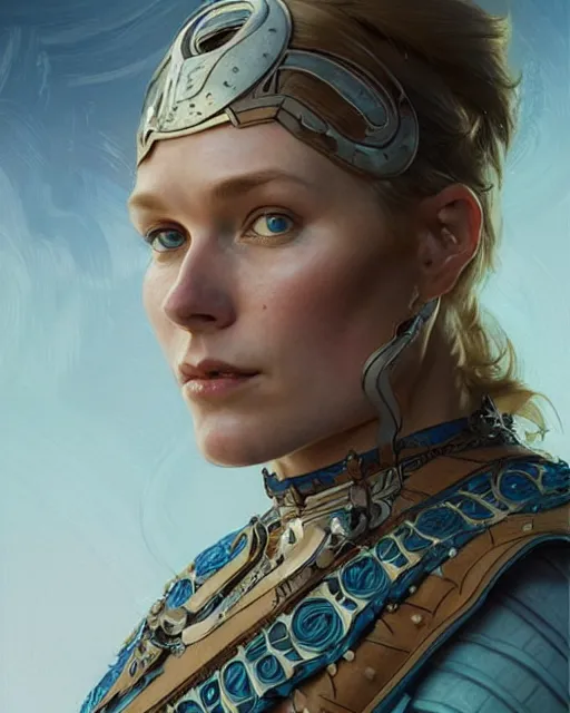 Image similar to portrait of a viking woman, spacesuit, blue eyes, real life skin, intricate, elegant, highly detailed, artstation, concept art, smooth, sharp focus, art by artgerm and greg rutkowski and alphonse mucha