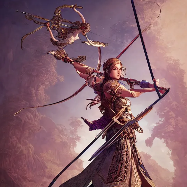 Image similar to the portrait of lawful neutral semi - colorful female archer huntress as absurdly beautiful, gorgeous, elegant, young girl, an ultrafine hyperdetailed illustration by kim jung gi, irakli nadar, intricate linework, bright colors, octopath traveler, final fantasy, unreal engine 5 highly rendered, global illumination, radiant light, detailed and intricate environment