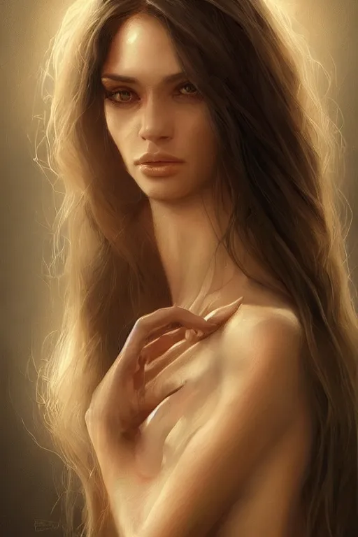 Image similar to Portrait of a Beautiful supermodel with a beautiful bone structure, long hair, olive skin, brown eyes, elegant, digital painting, highly detailed, artstation, concept art, smooth, sharp focus, illustration, art by artgerm and greg rutkowski.