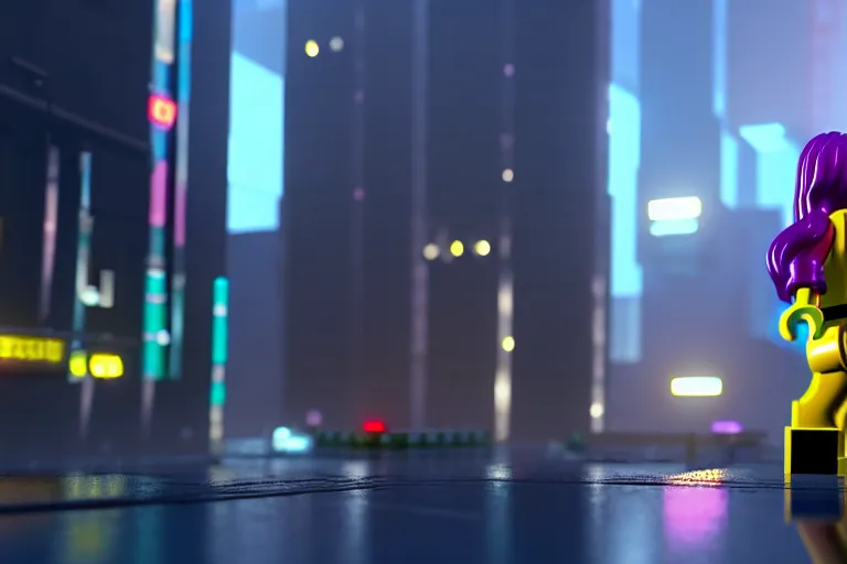 Image similar to a lego girl in a cyberpunk city. super realistic 8 k render of a elegant, cinematic composition