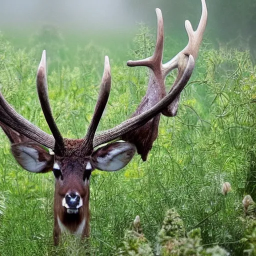 Image similar to the hidden forces can't help but hint that aberrant patterning, unfurling wickedly in the mist, gives us a fledgling hope of downy feathers, antlered feathers, and the nearest exit may be behind you. a gardenly flight to the stars in BROAD DAYLIGHT