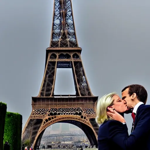 Image similar to marine le pen and Emmanuel macron kissing under the eiffel tower