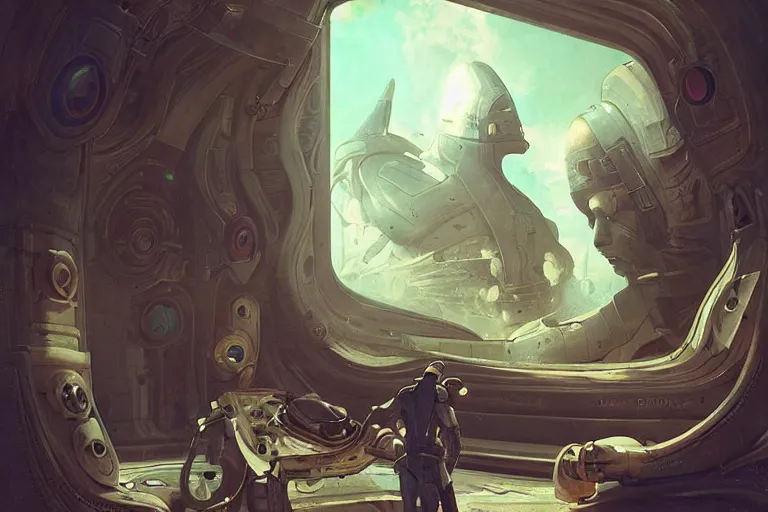 Image similar to a sigma man in futuristic space suit looking at ancient renaissance italy through a time travel spaceship window, scifi, serene, refined, by wlop, peter mohrbacher, jakub rebelka, visually stunning, beautiful, masterpiece