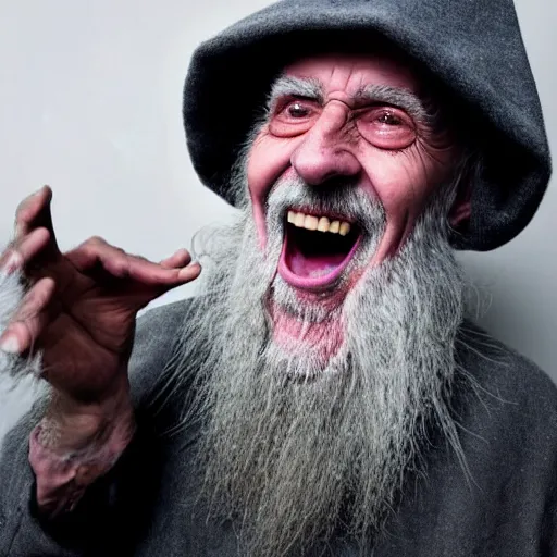 Image similar to a crazy old druid wizard, bald, bushy grey eyebrows, long grey hair, disheveled, wise old man, wearing a grey wizard hat, wearing a purple detailed coat, a bushy grey beard, sorcerer, he is a mad old man, laughing and yelling