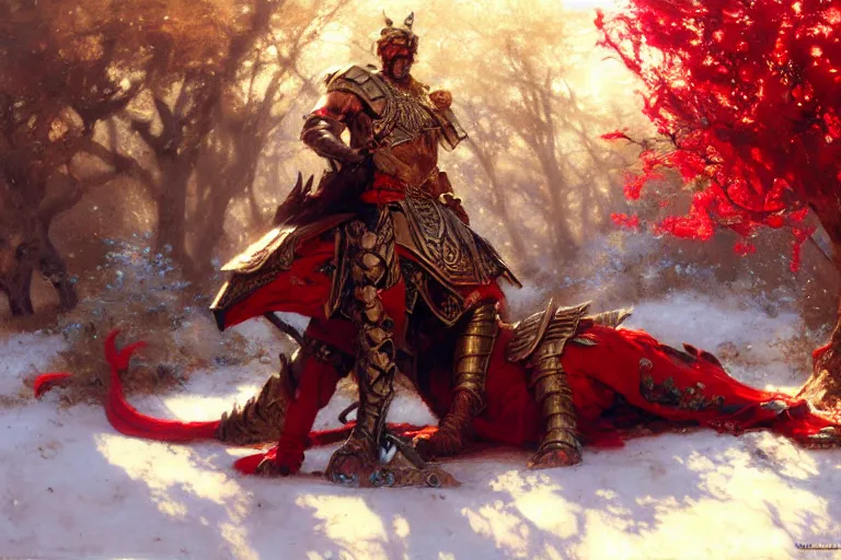 Prompt: winter, a tired male warrior wearing armor relaxing under a huge tree with red flowers, long shot, fantasy, painting by gaston bussiere, craig mullins, j. c. leyendecker, trending on artstation