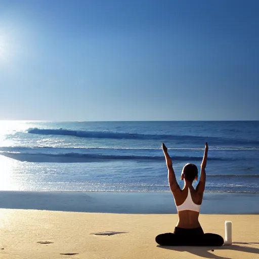 Prompt: silhoutte of woman doing yoga on the beach, photo