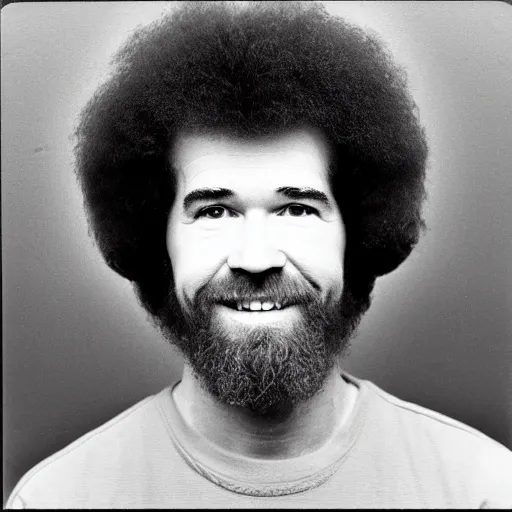 Image similar to Mugshot Portrait of Bob Ross with a buzzcut, taken in the 1970s, photo taken on a 1970s polaroid camera, grainy, real life, hyperrealistic, ultra realistic, realistic, highly detailed, epic, HD quality, 8k resolution, body and headshot, film still, front facing, front view, headshot and bodyshot, detailed face, very detailed face