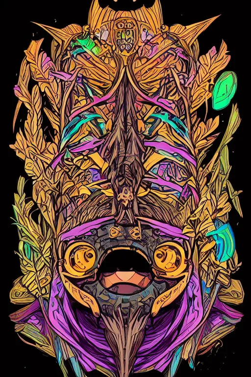 Image similar to animal mask totem roots flower tribal feather gemstone plant wood rock shaman vodoo video game vector cutout illustration vivid multicolor borderlands comics by josan gonzales and dan mumford radiating a glowing aura