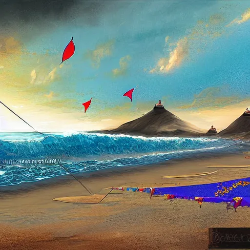 Prompt: a digital painting of a deserted seaside coast temple in tibet, sunrise, waves, kites, storm in the background, fantasy art, art by daarken, wayne reynolds, chuck luckacs, lars grant-west