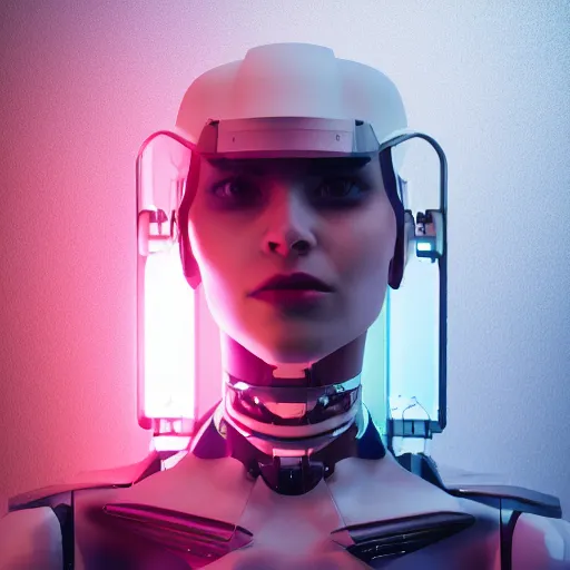 Image similar to a portrait of a female cyborg, fashion, streak lights, ligjt trail, color gel, photogtaphy, canon r 5, wide angle, white background, 3 d render, unreal engine, white suit, cyberpunk, futuristic