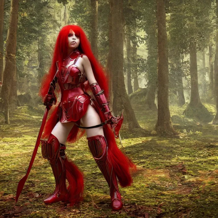 Prompt: a girl with long red hair wearing a red plate armor and hding a big red sword in a forest, 3d render, octane render, unreal engine 5, 8k hdr, hyperrealistic, highly detailed, high quality, concept art, trending on Artstation