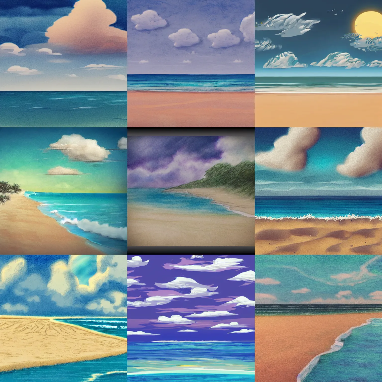 Prompt: landscape of the beach, clouds, day ; detailed illustrations, pastel tones, dark colors, clear lines