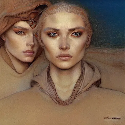 Image similar to beautiful female Fremen on Dune, by Edgar Maxence and Ross Tran and Michael Whelan and Gustav Klimpt