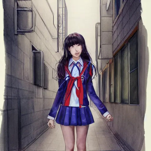 Image similar to a perfect, realistic professional digital sketch of a Japanese schoolgirl posing in a sci-fi alleyway, style of Marvel, full length, by pen and watercolor, fine details, by a professional American senior artist on ArtStation, a high-quality hollywood-style sketch, on high-quality paper