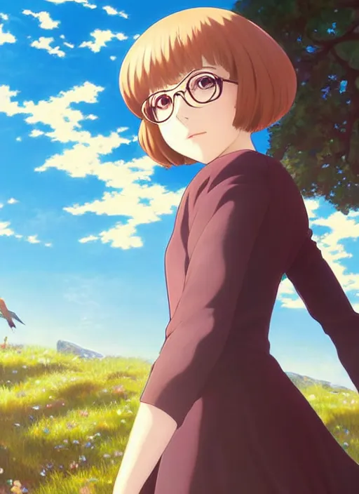 Image similar to Painting of Velma Dinkley in the style of Violet Evergarden, beautiful anime art style, winged eyelashes, countryside, calm, fantasy character portrait, dark outlines, dynamic pose, above view, sunny day, artwork by Makoto Shinkai, very coherent asymmetrical artwork, sharp edges, perfect face, simple form, 100mm