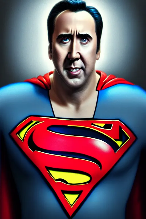 Image similar to portrait of nicolas cage as superman looking away from the camera, intricate, hyperrealistic, extremely detailed pencil drawing by simon stalenhag and greg rutkowski, artstation