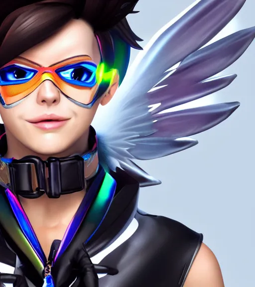 Image similar to portrait bust digital artwork of tracer overwatch, wearing black iridescent rainbow latex, 4 k, expressive happy smug expression, makeup, in style of mark arian, angel wings, wearing detailed black leather collar, chains, black leather harness, detailed face and eyes,