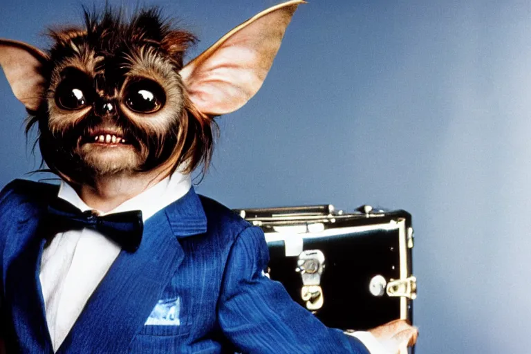 Image similar to a portrait photograph of gizmo from the movie gremlins wearing a blue wedding suit and looking proud, portrait taken by annie leibovitz,