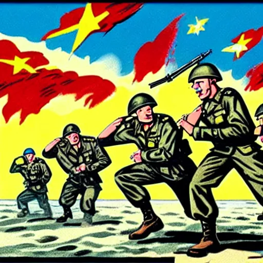 Image similar to a comic book art rendition of world war ii soldiers fighting on a beach