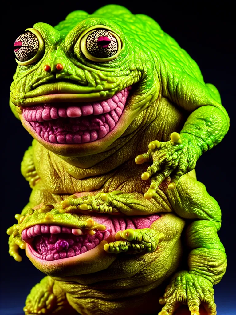 Prompt: hyperrealistic rendering, fat smooth cronenberg flesh monster toad kaiju by by art of skinner and richard corben, eyeballs, product photography, action figure, sofubi, studio lighting, colored gels, colored background