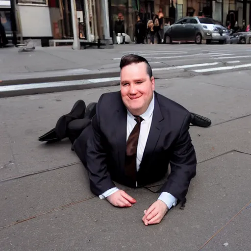 Image similar to A smiling chubby white clean-shaven man dressed in a chocolate brown suit and necktie and black shoes is laying on the ground in New York city.