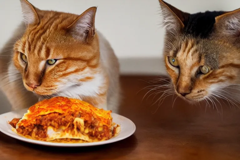 Image similar to large orange tabby cat eating lasagna by Emmanuel Lubezki