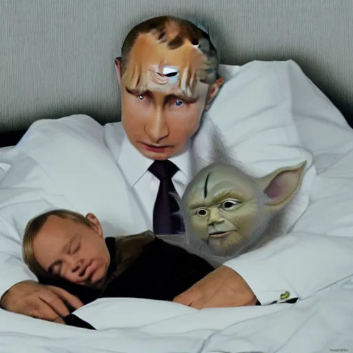 Image similar to putin sleeping in bed next to yoda