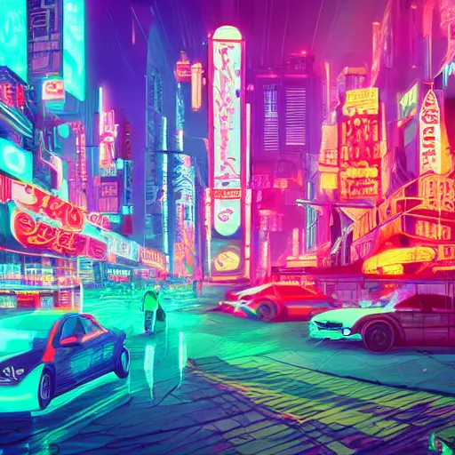 Prompt: A flock of geese, cyberpunk setting, beautiful cityscape background, neon signs, vibrant colors, holograms, 4k, digital art