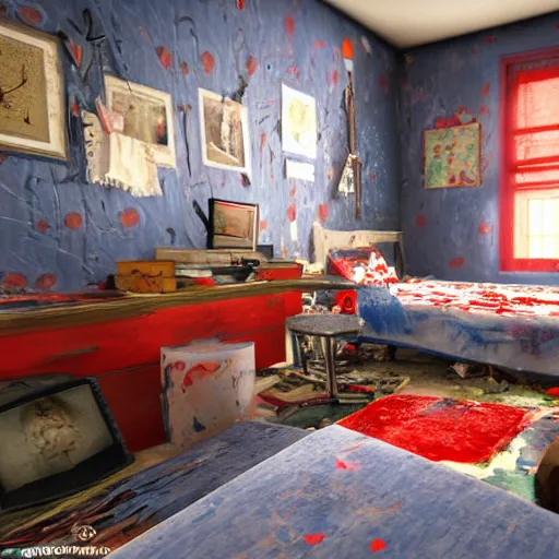 Prompt: male artist's messy, cluttered, dirty bedroom with black wallpaper with blue floral pattern and a bold red christian cross on the wall. christian items covering floor and wall. realistic, highly detailed, sharp focus, volumetric lighting, full shot, 3 5 mm, unreal engine,