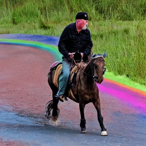 Prompt: Mike Ehrmantraut riding a rainbow colored pont