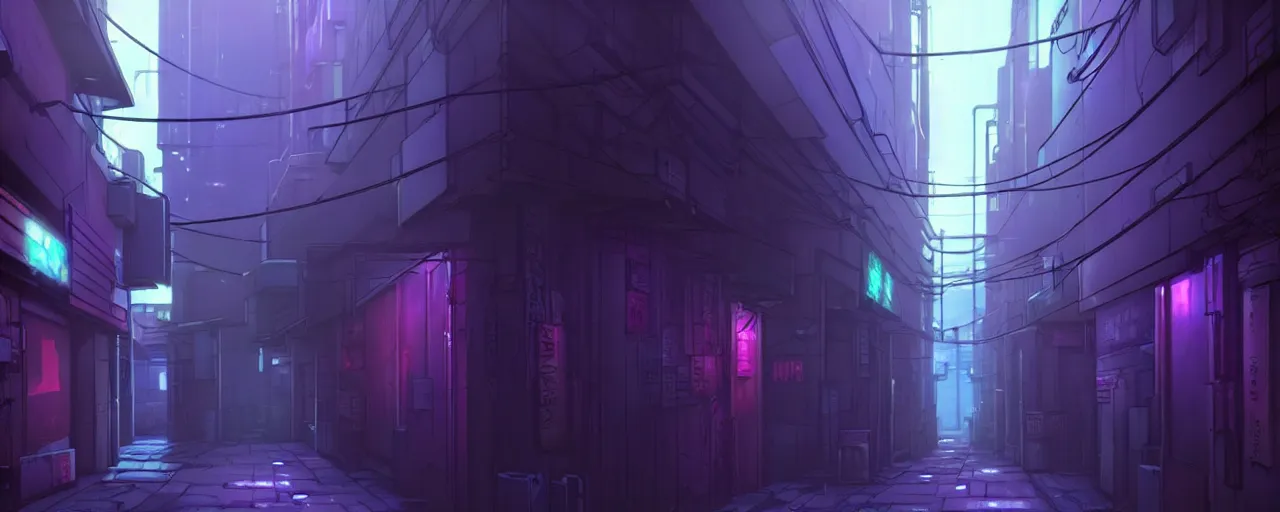 Image similar to city alleyway in the atmospheric cyberpunk anime film, gouache matte background painting, neon noir, at night with lights, by makoto shinkai, in the anime series ergo proxy, beautiful specular edge highlights and rim lighting