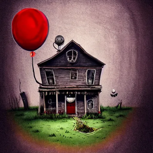 Prompt: grunge painting of a house with a wide smile and a red balloon by tim burton, loony toons style, pennywise style, corpse bride style, rick and morty style, creepy lighting, horror theme, detailed, elegant, intricate, conceptual