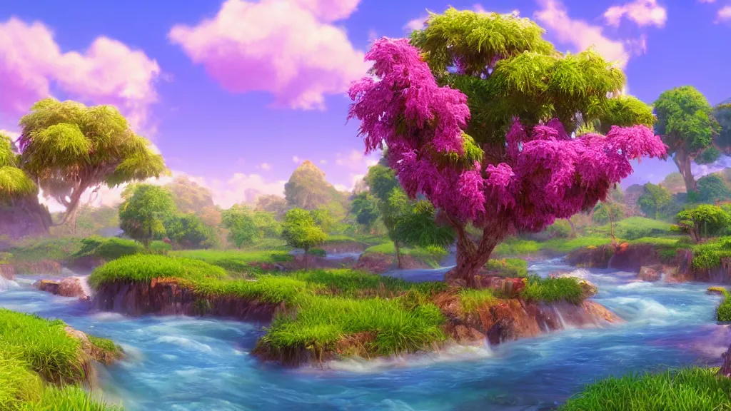 Prompt: ultra detailed and realistic painting of paradise, with milk white rivers, fruit trees, inspired by very beautiful cute and colored disney movie backgrounds, rendered in 8 k unreal engine