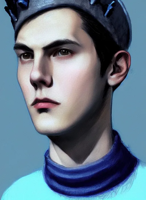 Image similar to portrait of teenage jughead jones wearing a light grey crown, crown, blue turtleneck, 1 9 5 0 s, closed eyes, photorealistic, black hair, glowing lighting, intricate, elegant, glowing lights, highly detailed, digital painting, artstation, concept art, smooth, sharp focus, illustration, art by wlop, mars ravelo and greg rutkowski