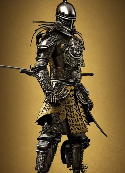 Image similar to hyper realistic glorious ancient samurai in a obsidian metal armor, futuristic design, designed by makoto kobayashi and luca zampriolo, portrait, cyberpunk style, wood and gold details, intricate, extremely detailed, ornate, deep of field, hard surface, exoskeleton, substance designer metal unreal engine. amazing likeness. very detailed.