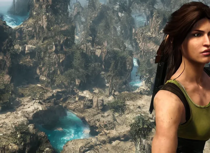 Prompt: alessandra daddario as lara croft in the videogame, 8 k screenshot