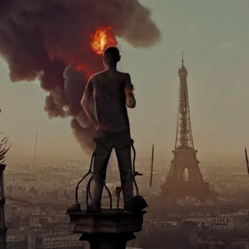 Prompt: A Guy standing a top of Eiffel tower, Zombie apocalypse, Zombie everywhere, Fire everywhere, Building destroyed, People screaming, Horde of zombies,