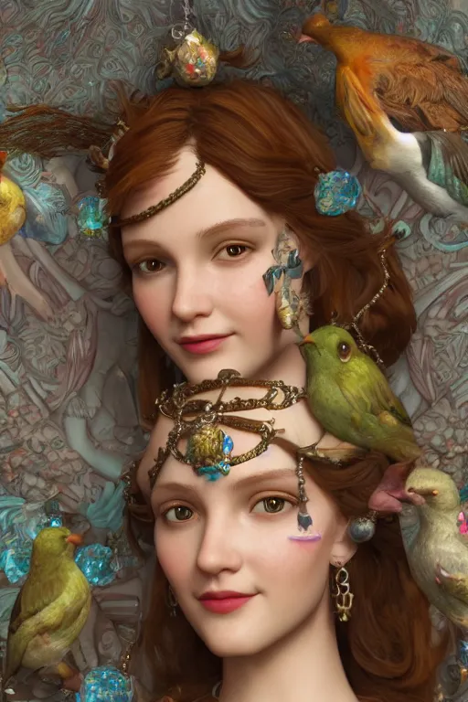 Image similar to face closeup, 3 d render of english princess holding birds, ornaments, background ornaments, mucha vibe, dieselpunk, solarpunk, artstation